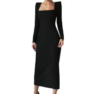 Custom Square Neck Long Sleeve Black Dress 2024 French Style Elegant Unique Elements Female Clothing