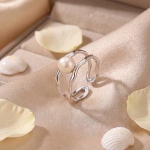 Adjustable Copper Wavy Double Wire Freshwater Pearl <b>Open</b> <b>Ring</b> Irregular Artistic Pearl Jewelry for Women Gift - Product Image 3