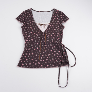 Haut à manches courtes à col en V à motifs floraux vintage – Blouse à effet superposé en faux tissu, style été - Product Image 2