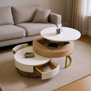 Mesa de Centro Moderna Redonda con Tapa Elevable y 2 Cajones, Madera de Roble Natural, MDF Blanco, Muebles para Sala de Estar - Product Image 2