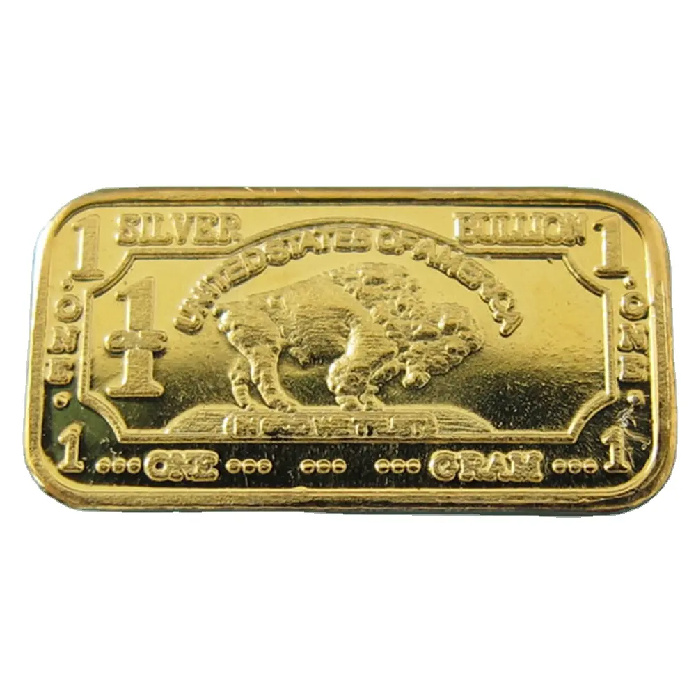 1 Gram original Fine Pure 24k Gold Plated Silver Buffalo Bullion Bars A90