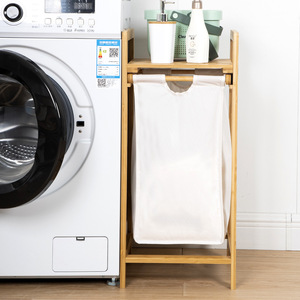 Laundry Hamper Bamboo <b>Frame</b> <b>Canvas</b> Bag Storage Rack <b>For</b> Dirty Clothes Bathroom Organizer Standing Type Rectangle Shape - Product Image 3