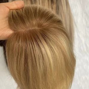 100% cru cabelo humano seda top trama costas nós invisíveis couro cabeludo natural peruca curta luz loiro destaque cores prontas para enviar - Product Image 2