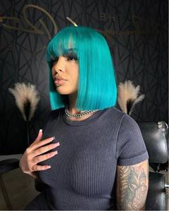 Brésilien court bob bleu clair cheveux humains 13x4 transparent dentelle avant perruques avec frange 200% densité aliexpress achats en ligne - Product Image 3