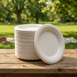 Assiette ronde en bagasse de canne à sucre blanche de 6 pouces, jetable, biodégradable et compostable, pour servir des desserts et des collations - Product Image 1