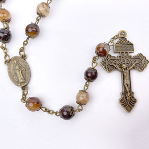 Rosario Católico de Piedras Preciosas con Baño de Bronce Antiguo de 8 mm, con Rayas Color Café, Adornado con Perlas de Ágata y Medalla <span class=keywords><strong>Milagrosa</strong></span> - Product Image 3