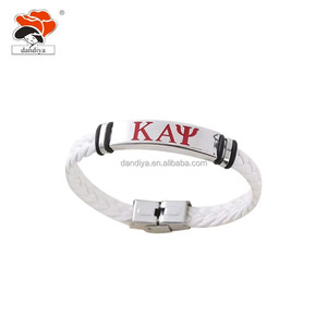 YPD Unisex Acero inoxidable verde cuero brazaletes letra griega pulsera hermandad joyería personalizable Logo estilo religioso - Product Image 2