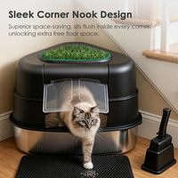 Bac à litière triangulaire XXL en acier inoxydable pour chat, facile à nettoyer, avec plantes artificielles intégrées