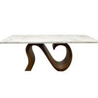 Table à manger moderne en bois massif avec plateau en marbre artificiel, table de cuisine contemporaine de luxe, base ondulée, mobilier artistique