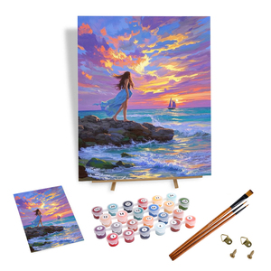 Kit Pittura con Numeri per Adulti: Ragazza al Tramonto sul Mare, Dipinto su Tela con Pennelli, Paesaggio Marino Romantico, Decorazione Murale per Casa - Product Image 1
