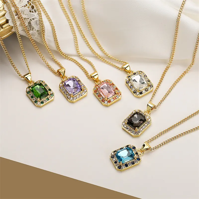 Wholesale Bling Iced Out CZ Pendant Big Blue Pink Stone Crystal Rhinestone Pendant Necklace For Women