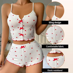 Sleepwear Women <b>Pajamas</b> <b>Set</b> Heart Print Soft Ribbed Fabric with Flirty Frill Trim Casual Cami Top and Shorts <b>Sets</b> Loungewear - Product Image 5