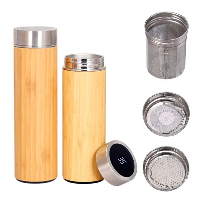 BEAUCHY Eco-friendly Bamboo Stainless Steel Bottle smart Coffee Mug Insulated Bamboo Travel Tumbler with Tea Infuser