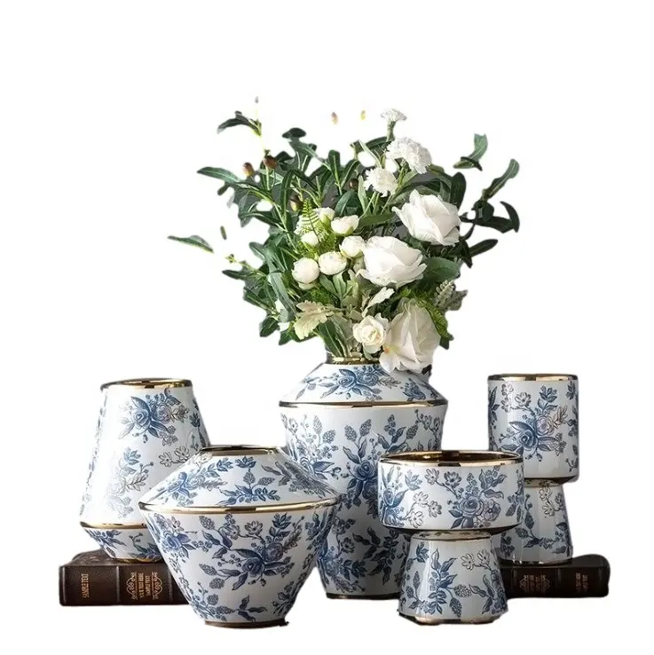 Jingdezhen handgemachte kleine Blumenvase aus blauer und weißer Keramik mit goldenem Rand