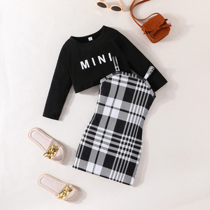 Top europeo e americano nuovo Design da ragazza con scritta a maniche lunghe Plaid abito Spaghetti in due pezzi alla moda Set Casual per bambini - Product Image 1