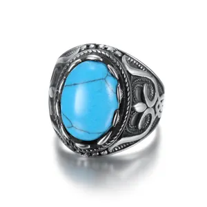 mens vintage edelsteen ringen Suppliers-Edelsteen Sieraden Vintage Blauw Turquoise Handgemaakte Emaille Steen Ringen Rvs Heren Ring Met Stenen