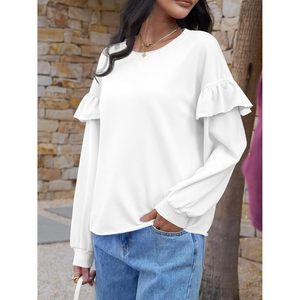 Fisoew Sweat-shirt à col rond pour femme, manches longues, volants, coupe ample, pull court, tenue décontractée d'automne - Product Image 4
