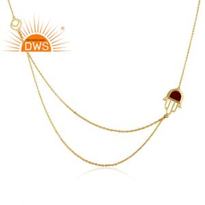 Gold Plated Silver Double Chain <b>Necklace</b> Red Onyx Gemstone <b>Hamsa</b> <b>Hand</b> <b>Necklace</b> Women Silver Jewelry Manufacturer - Product Image 2