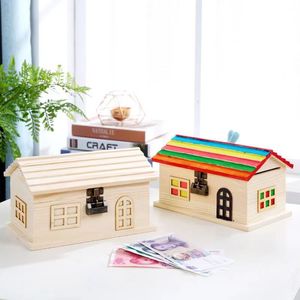 Wooden House Piggy Bank With Lock Small Size Desktop <b>Ornament</b> Gift Box For Children Money Storage - Product Image 2