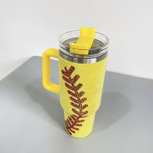 Gobelet isotherme en acier inoxydable à double paroi de 40 oz avec logo personnalisé, motif baseball et strass, écologique, avec poignée et paille - Product Image 3