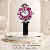 Jam Tangan Wanita Vintage Perak Kristal Pink Berbentuk Bunga dengan Tali Kulit Hitam Jam Tangan Perhiasan Kuarsa.
