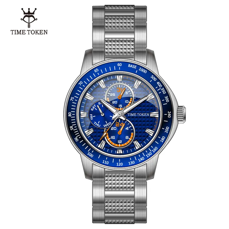 TIME TOKEN Fashion Luminous Mens Quartz Watch Stainless Steel 316l Relojes De Cuarzo Chronograph Watch Men Silver And Blue Watch