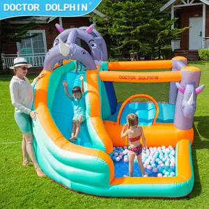 Doctor Dolphin multicolor Rhino fiesta familiar al aire libre Combo Moonwalk tobogán de agua Castillo de salto Casa de rebote inflable