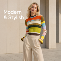 Pull tricoté rayé coloré coupe ajustée col rond pour femme – Collection automne