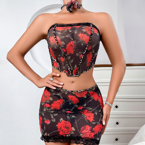 Conjunto de Lencería de 4 Piezas con Flores Bordadas Rojas, OEM, Push-up, Malla Transparente, Falda Corta, Sujetador y Braguitas - Product Image 2