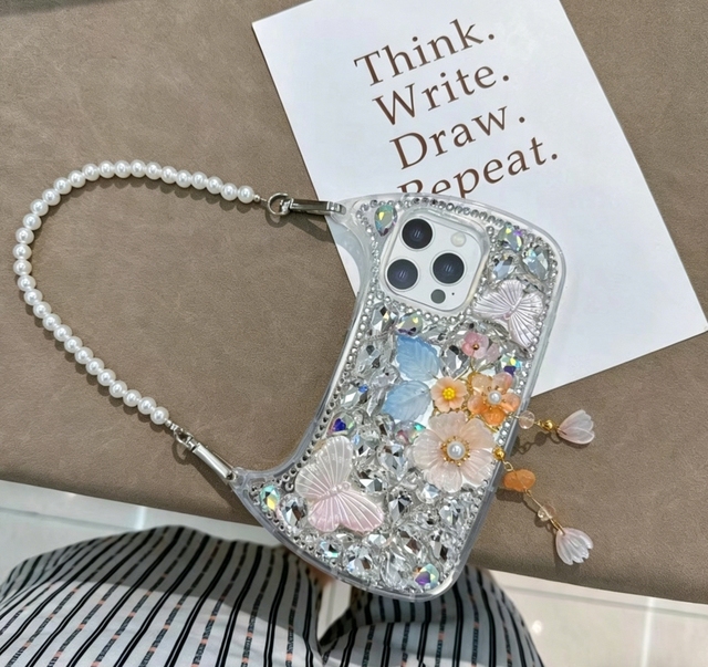 Mobile Phone Case Chain-style Rhinestone Floral Decorative Mobile Phone Cover for iPhone 17/16 Pro Max Mobile Phone Handbag