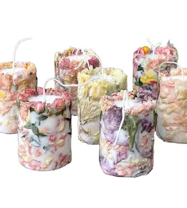 Romantic Soy Wax Embossed Botanical Dried Flower Scented Pillar Candles Floral Candles