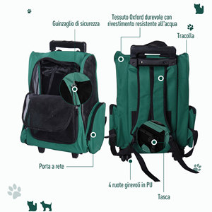 PawHut 2 in 1 Dog and <b>Cat</b> Carrier <b>Backpack</b> with Side Pockets, Telescopic Handle and Wheels, 42x25x55cm, Green - Product Image 6