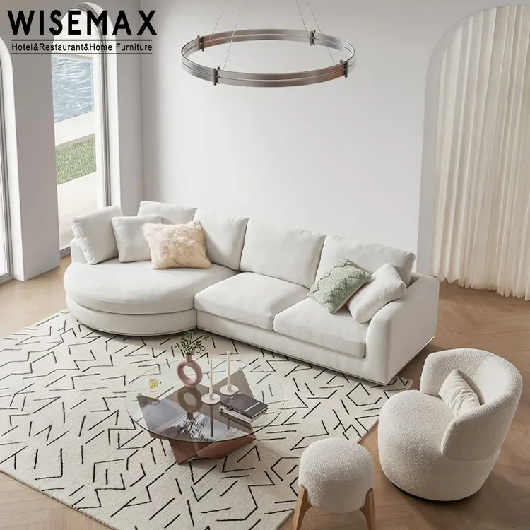 WISEMAX FURNITURE北欧のリビングルーム家具L字型ウッドフレームコーナーソファラウンドホワイトリネン生地寝椅子ソファ