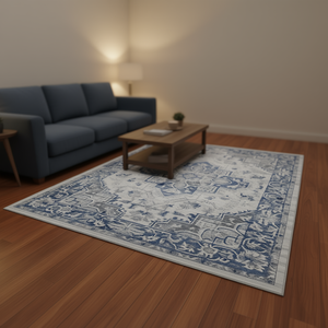 D0100H5GDHT Blue Oriental Area <b>Rug</b> 5X7 Rectangular Polyester Machine Made Non Shedding Elegant Home Office Living Room Bedroom - Product Image 2