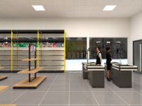 Étagère de supermarché double face robuste en bois et métal sur mesure, présentoir de magasin 3D autoportant pour l'aménagement commercial