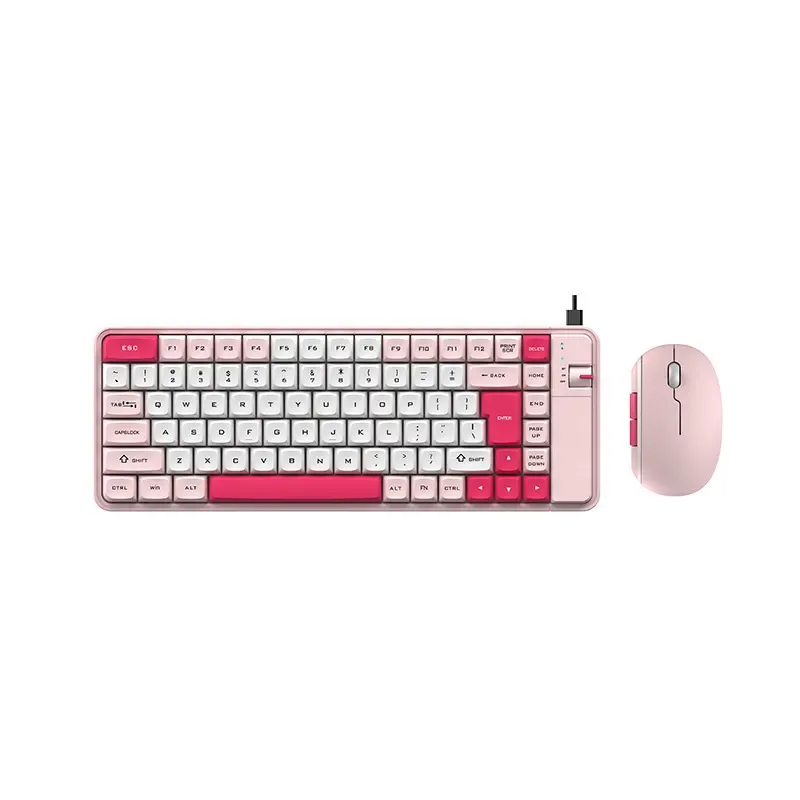 Retro Round Keys Cute 2.4GHz BT Wireless Keyboard Mouse Set for Girls Computer PC Laptop Pink Wireless Keyboard and Mouse Combo