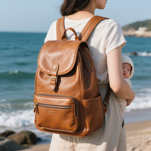 תיק עור שחור רך חדש תיק עור חיתולים באיכות גבוהה יצרן תיק גב המומיה מרווח עם לוגו מובלט - Product Image 2