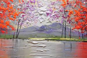 Pintura al Óleo Vibrante de <span class=keywords><strong>Paisaje</strong></span> <span class=keywords><strong>Otoñal</strong></span> con Lago y Bosque Rojo, Arte Mural Moderno Abstracto en Lienzo - Product Image 6