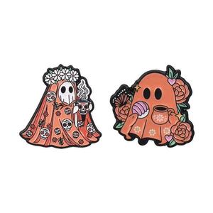Broche en alliage de zinc émaillé vintage, plaqué nickel noir, imprimée UV, motif Halloween, Jour des Morts, fantôme, floral, squelette, vente en gros - Product Image 6