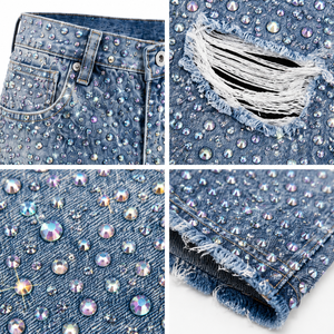 Jeans Holgados Hechos a Medida con Adornos de Diamantes de Imitación AB, Diseño Desgastado y <span class=keywords><strong>Roto</strong></span>, Estilo Retro Urbano para Hombre - Product Image 3