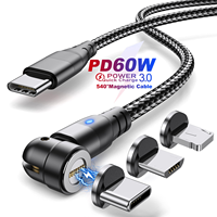 Chargeur magnétique super rapide PD60W 3A avec tête rotative à 540 degrés et câble tressé en nylon, entièrement compatible avec les téléphones mobiles