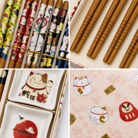 Coffret Cadeau de Couverts Nouvel An Japonais Style Maneki Neko : 5 Paires de Baguettes en Bambou et 5 Assiettes en Céramique pour l'Amitié et la Maison