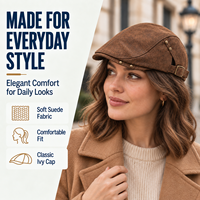 Casquette plate en faux daim à surpiqûres contrastées, style Ivy, pour hommes et femmes, marron foncé, avec détails rivets et boucle métallique ton sur ton, vente en gros