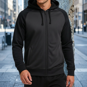 Sudadera con Capucha Negra Premium, Mangas Raglán, Capucha con Cordón, Forro Polar de Algodón, Bolsillo Canguro, Sudadera Casual para Hombre, Bordada - Product Image 4