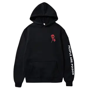 custom Men's Fleece Hoodie Unisex Rose Letter Print Hooded Pullover Kangaroo Pocket Sweatshirt black M