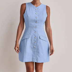 2025 Casual da ufficio in <span class=keywords><strong>cotone</strong></span> corto blu chiaro abito senza maniche estivo da donna - Product Image 2