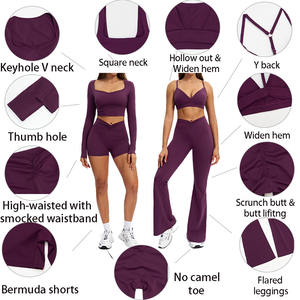 Ensemble de yoga personnalisé EnovStars pour <span class=keywords><strong>femme</strong></span> : Soutien-gorge de sport, haut court à manches longues, short, leggings, pantalon évasé, pantalon taille haute froncé pour le sport et l'entraînement - Product Image 4
