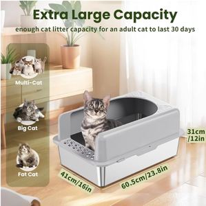 Caja de Arena para Mascotas de Acero Inoxidable de 20L, Duradera, Anti-Salpicaduras, Fácil de Limpiar, Desodoriza, Gran Capacidad, Libre de Polvo, para Familias con Múltiples Gatos - Product Image 2