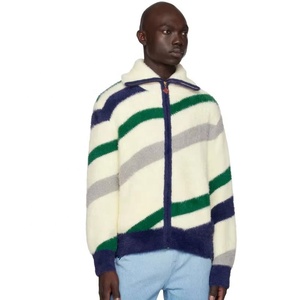 <span class=keywords><strong>Pull</strong></span> en maille zippé personnalisé avec logo OEM & ODM pour homme – Nouvelle collection automne/hiver – Rayures grises et blanches en nylon peluche - Product Image 2