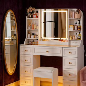 Grande coiffeuse <span class=keywords><strong>avec</strong></span> 9 tiroirs et tabouret, <span class=keywords><strong>bureau</strong></span> de maquillage <span class=keywords><strong>avec</strong></span> lumières LED et miroir, <span class=keywords><strong>bureau</strong></span> organisateur <span class=keywords><strong>avec</strong></span> plateau en verre - Product Image 1